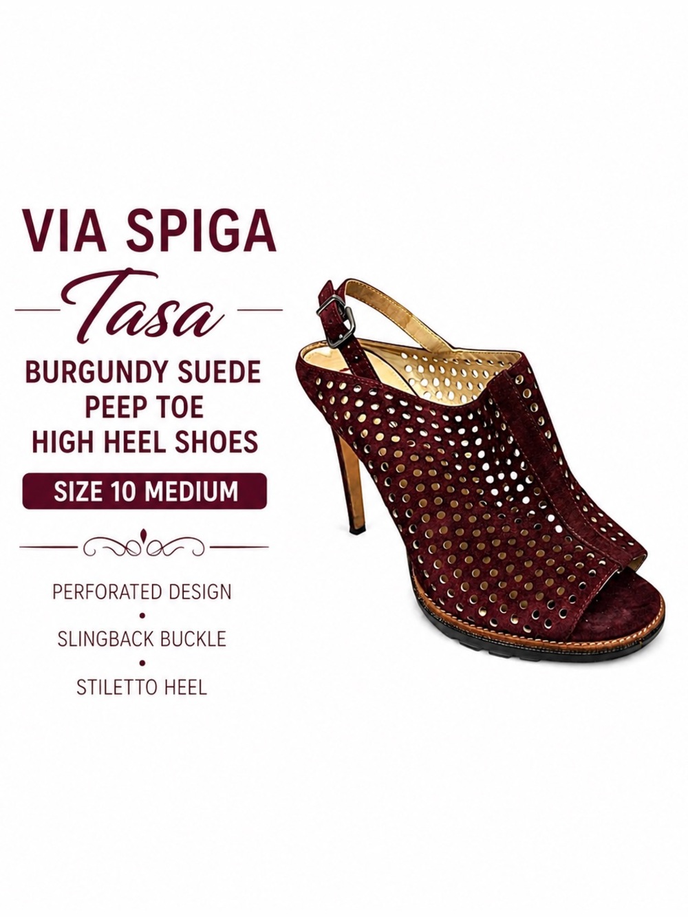 Via Spiga Tasa Burgundy Suede Peep Toe High Heel Shoes Size 10 Medium Pre-Owned